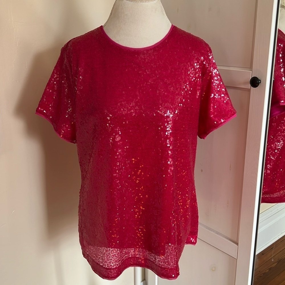 Charter Club Sparkling "Berry Cool" Pink Sequins T-Shirt - NWT - Size XL